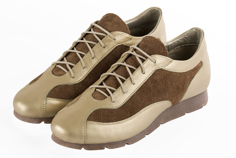 Gold and chocolate brown women's two-tone elegant sneakers. Round toe. Flat rubber soles. Front view - Florence KOOIJMAN